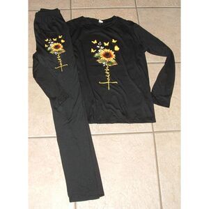 Girls Sz 12 Black Leggings & Shirt Stretchy FAITH Sunflower Butterfly 2 Pc Set